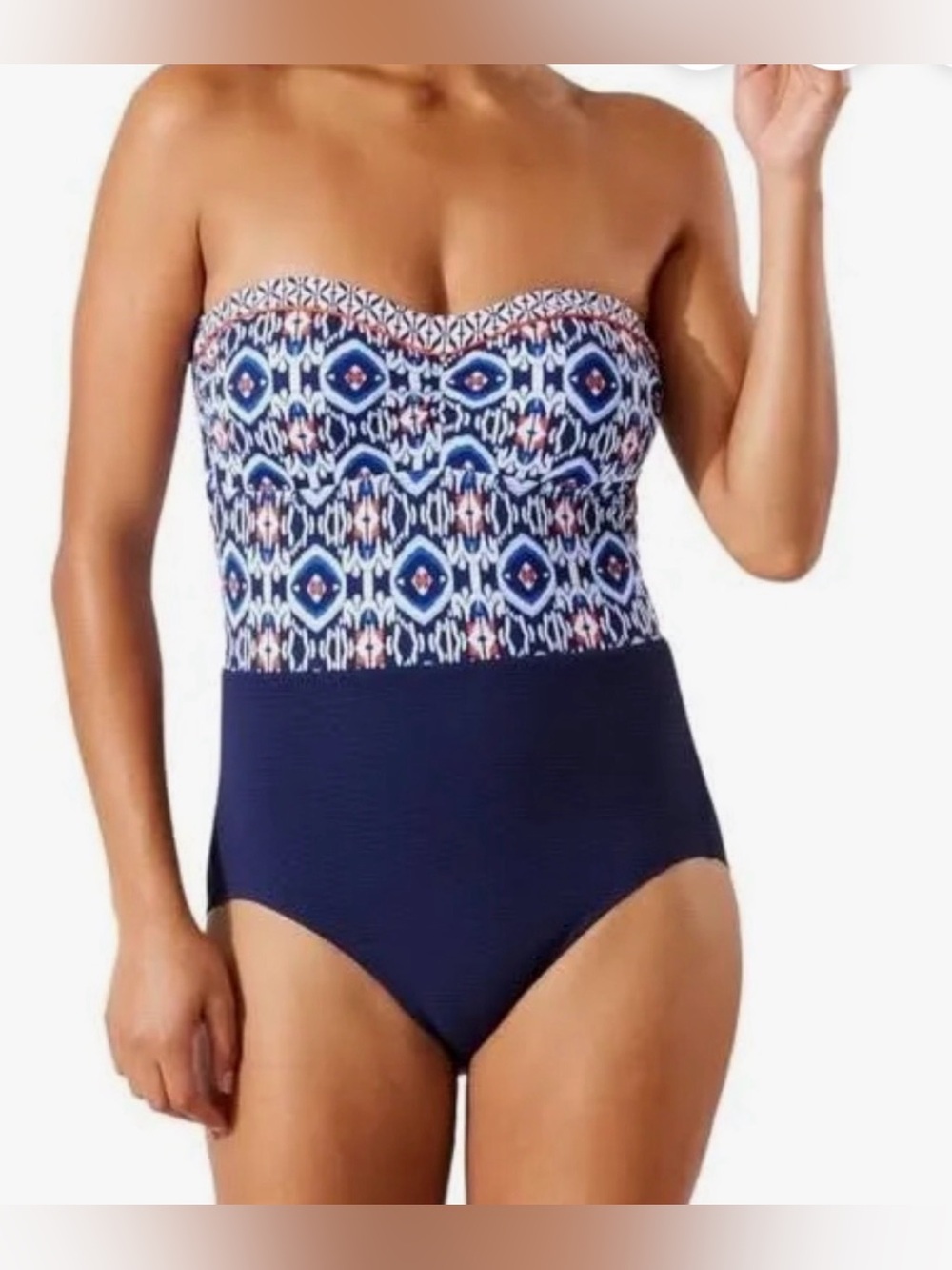 Tommy Bahama Navy Blue Strapless One-Piece with Ikat Print, Large - Picture 6 of 12